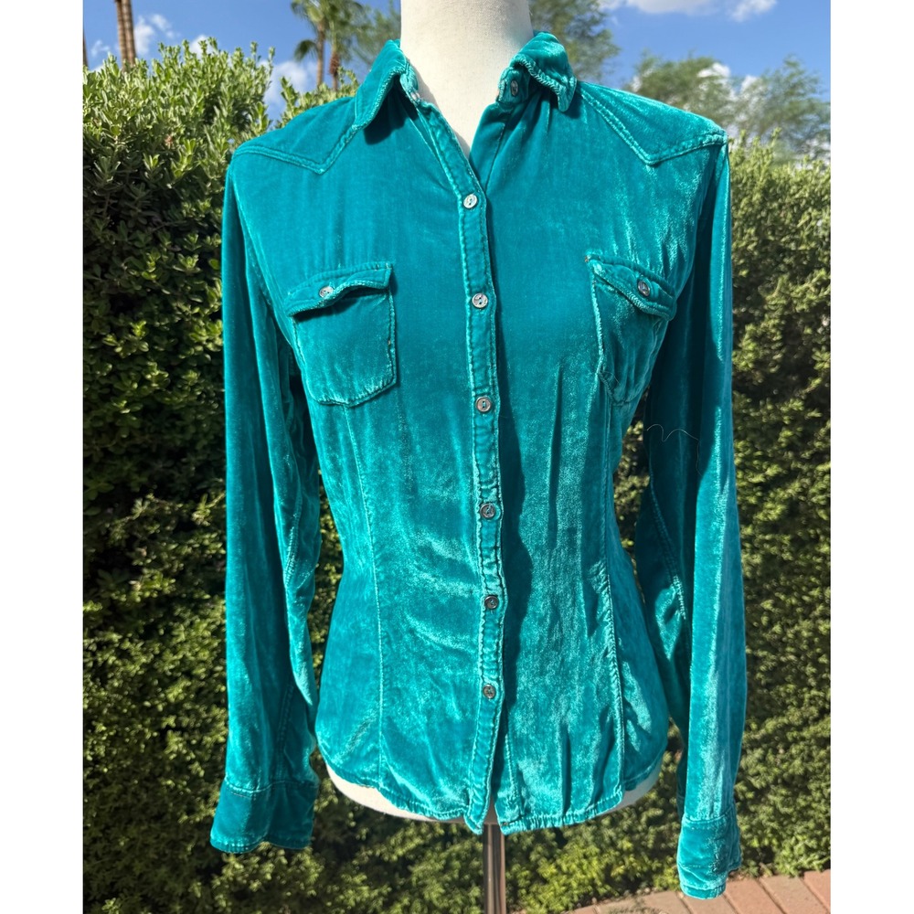 Ryan Michael Silk Blend Velvet Western Snap Shirt XL Teal Turquoise Cowgirl Top